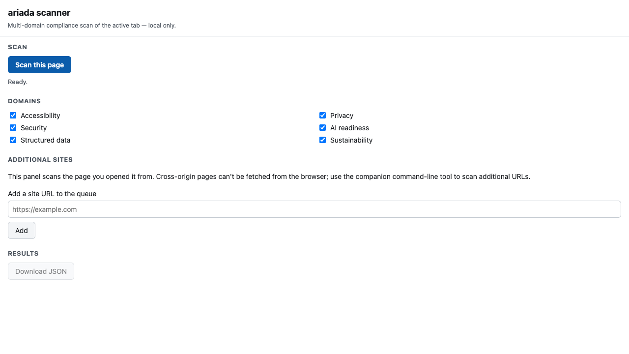 Side panel idle: ariada scanner header, blue Scan this page button, six domain checkboxes checked, Download JSON disabled