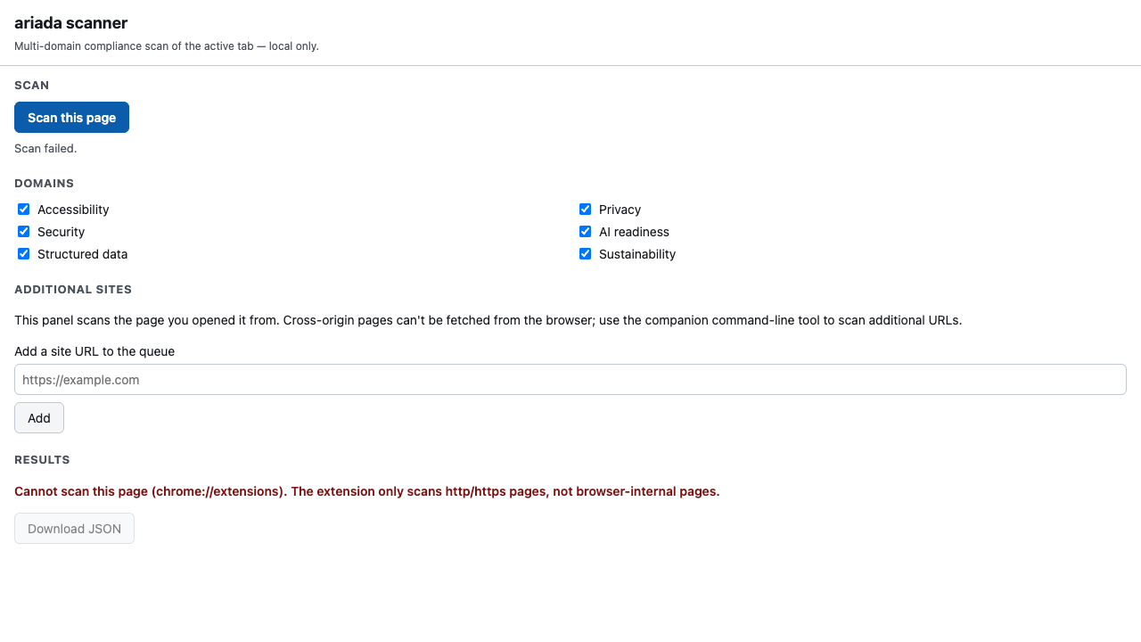 Error state: red message — cannot scan chrome:// internal pages, only http/https
