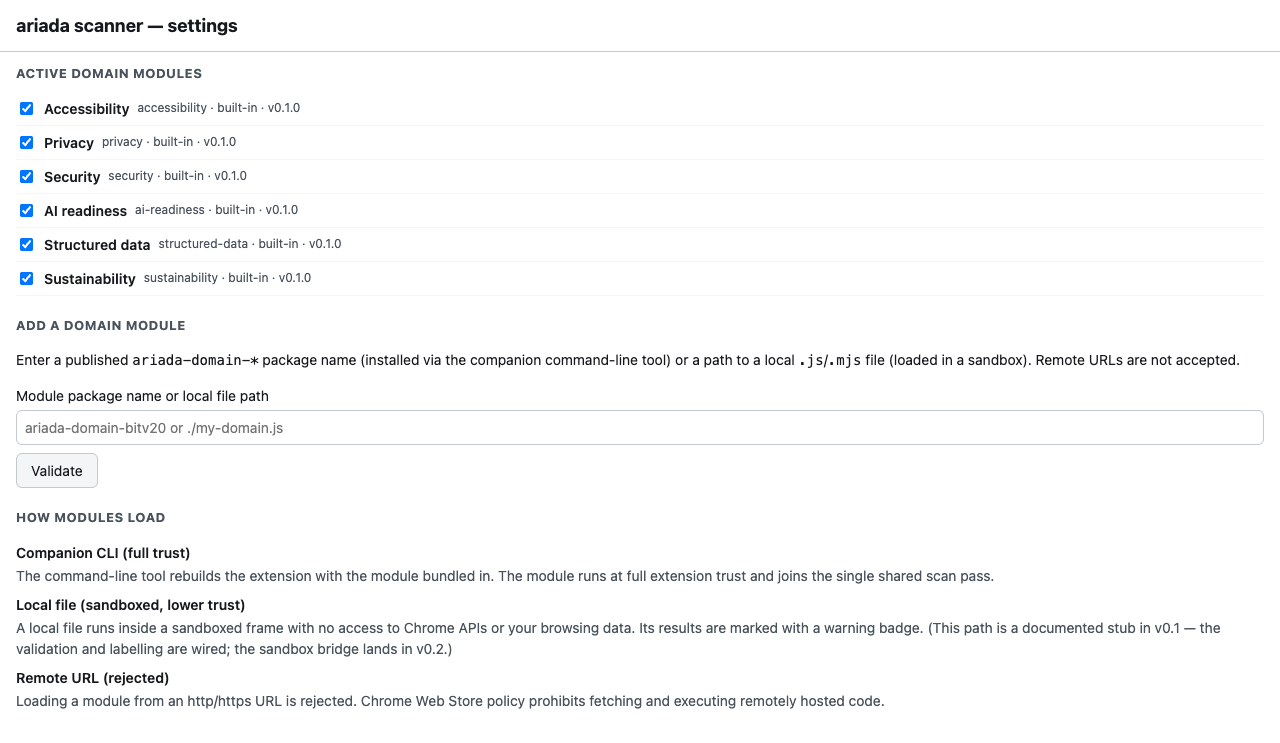 Settings page: six active domain modules each with a checkbox, add-a-module input