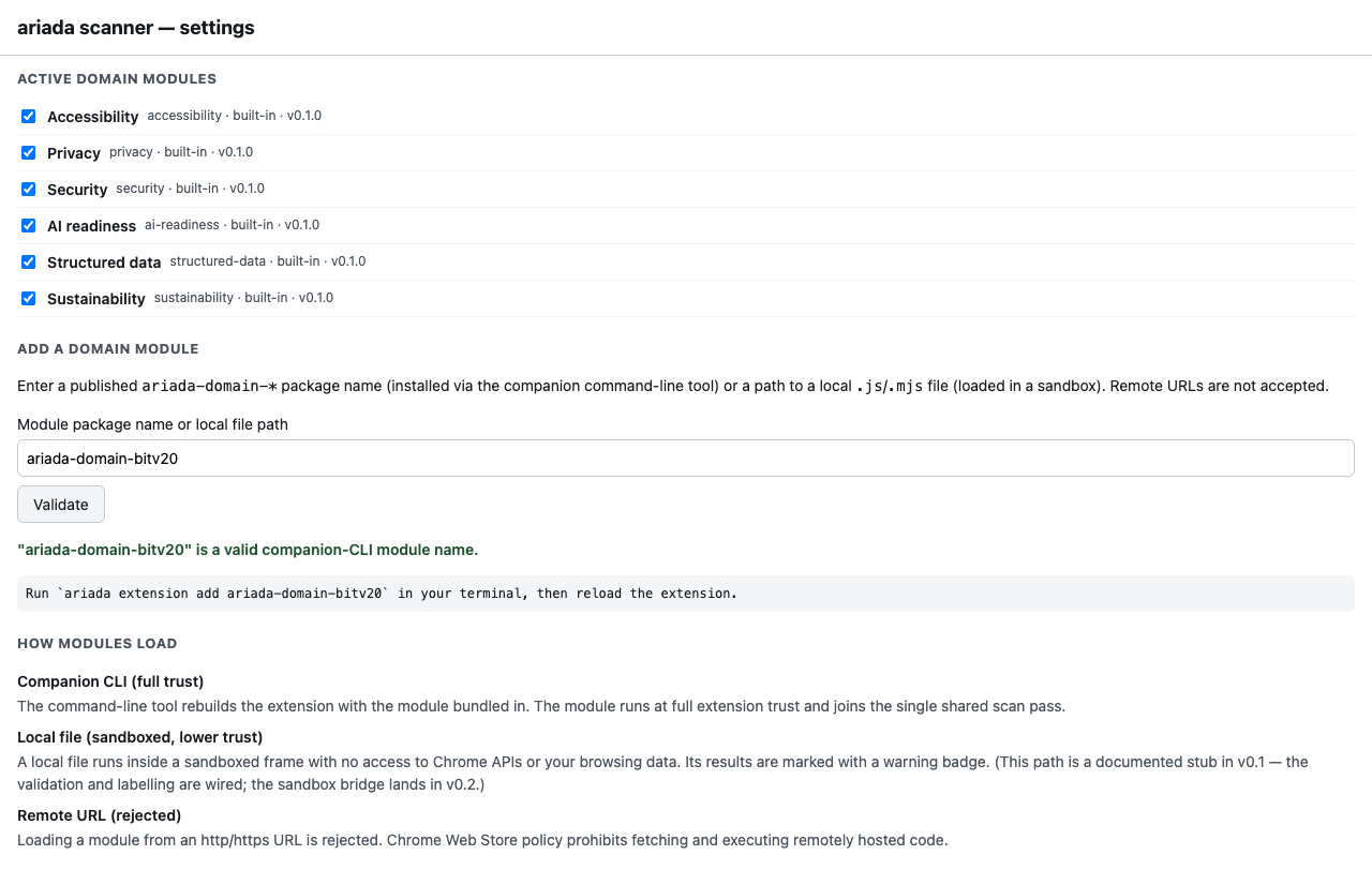 Settings with a valid companion-CLI module name and green validation feedback