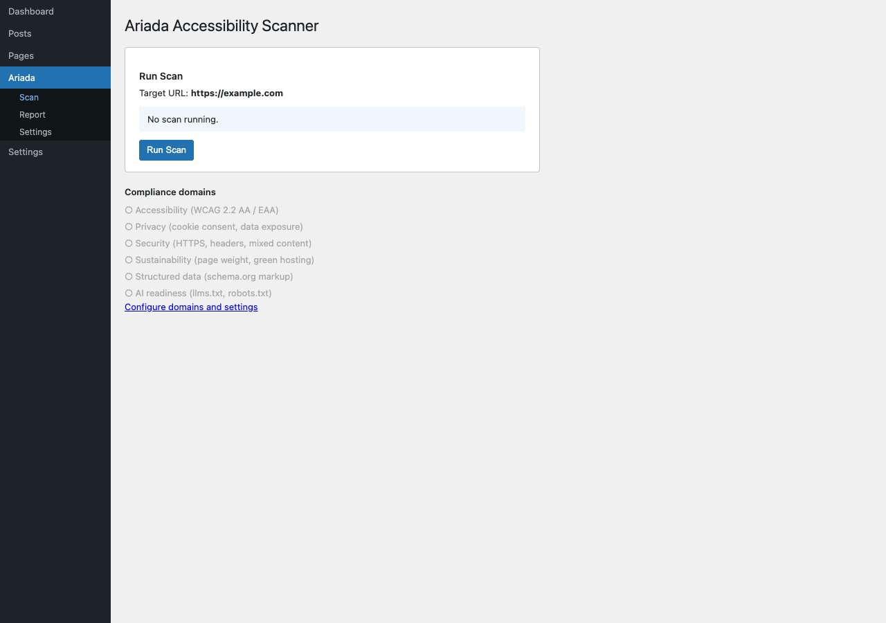 wp-admin scan page — idle state with Run Scan button and six domain indicators