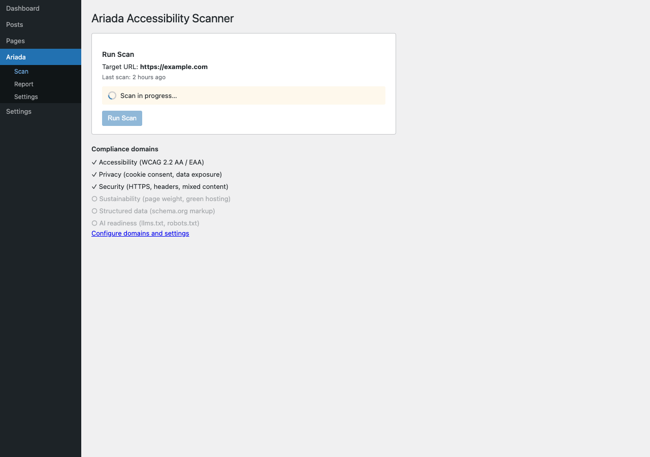 wp-admin scan page — running state with spinner and domains activating