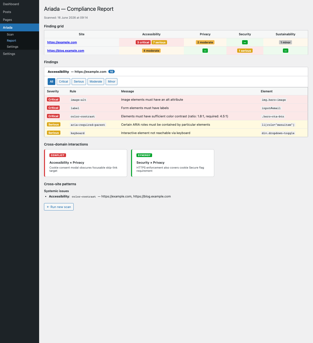 wp-admin report page — findings table with domain, severity, rule, and selector columns