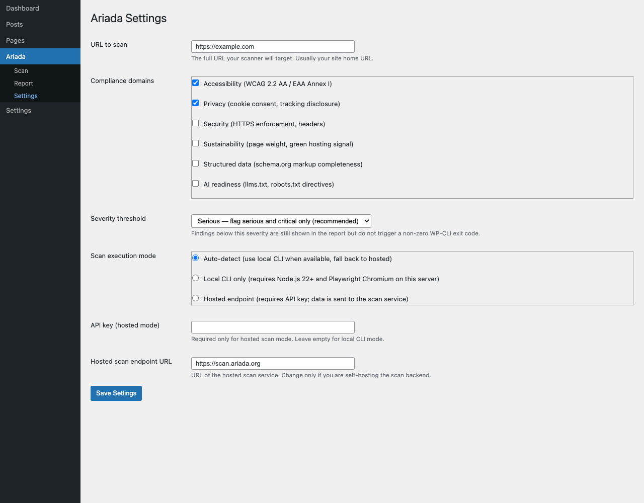 wp-admin settings page — per-domain toggles and scan schedule configuration